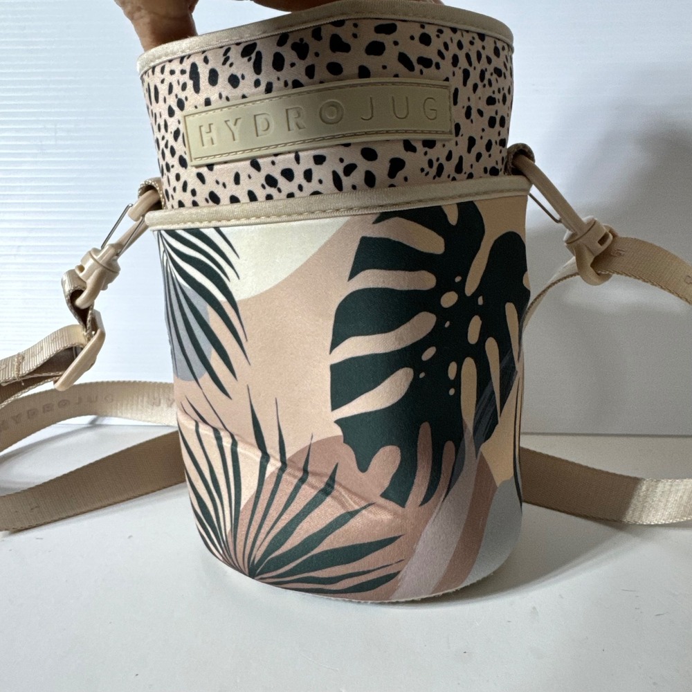 HydroJug Water Bottle Sleeve Neoprene Leopard Tropical Palm Print Tan Strap